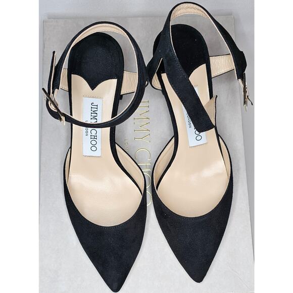Jimmy Choo Black Suede Block Heels Ankle Strap Pointed Toe Shoes - Picture 1 of 15